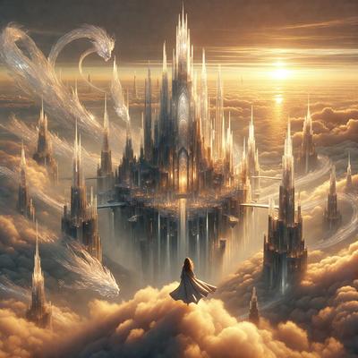 Primary subject: A woman in a white dress flying through the air.

Setting/background: A cloudy sky with a castle in the background.

Visual style: Digital art.

Colors and mood: The image is in black and white, giving it a dramatic and timeless feel.
